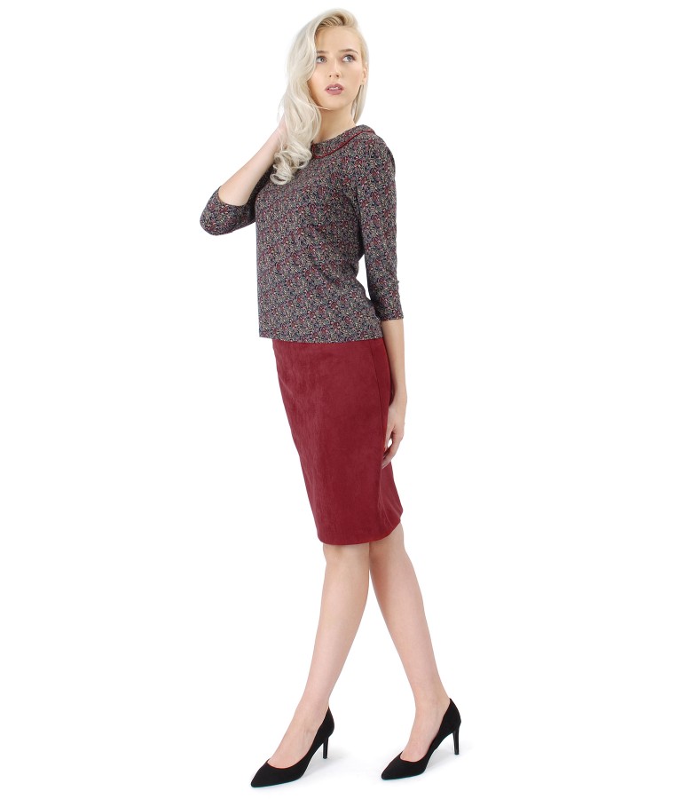 Fabric skirt with velvet look and printed elastic jersye blouse
