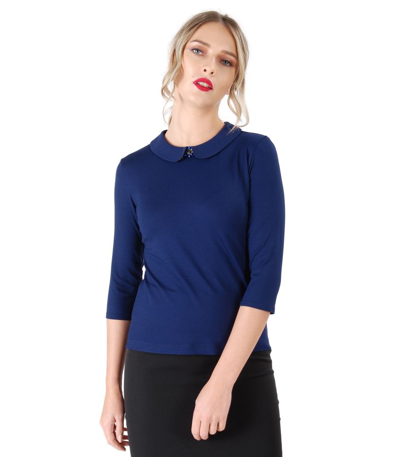 Elastic jersey blouse with round collar with brooch navy blue - YOKKO