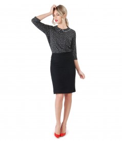 Office outfit with black loop skirt and blouse with round collar