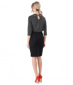 Office outfit with black loop skirt and blouse with round collar