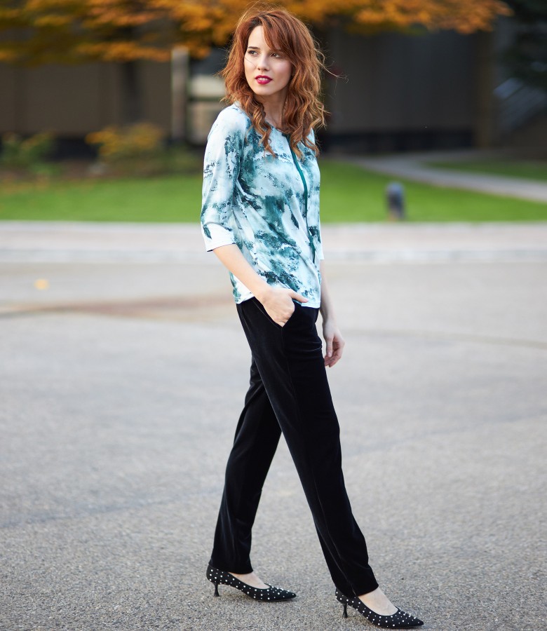 Black velvet pants and blouse with rips bow