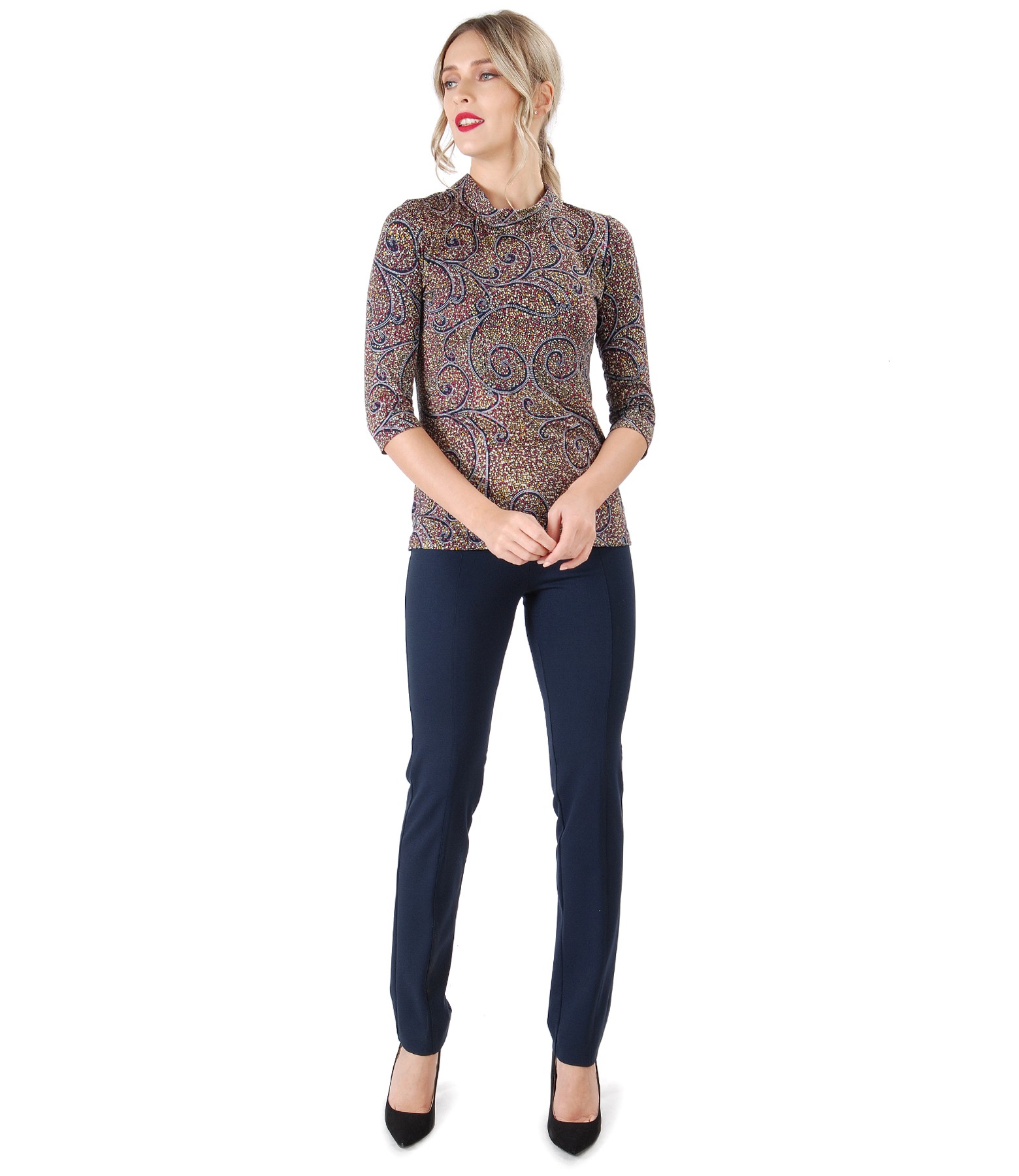 Ankle pants with printed elastic jersey blouse - YOKKO
