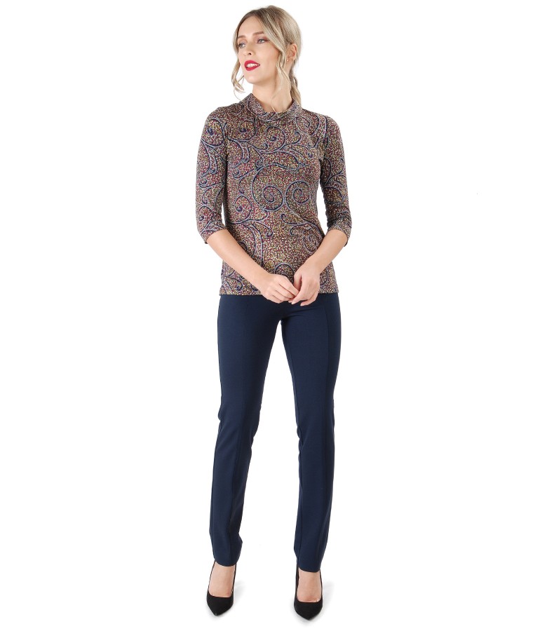 Ankle pants with  printed elastic jersey blouse