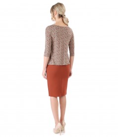 Office outfit with tapered skirt and jerse blouse with decorative flaps