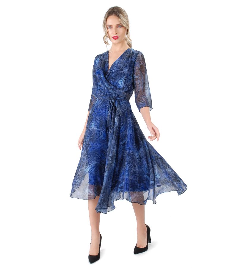 Printed veil elegant dress navy blue - YOKKO