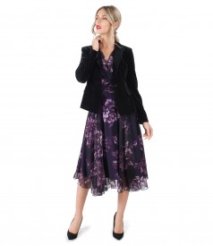 Elegant outfit with dress of printed veil and velvet jacket