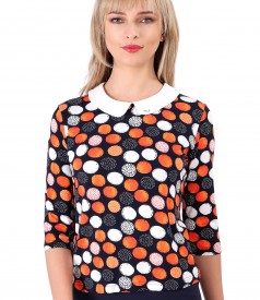 Blouse with round collar and crystals inserts