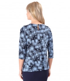 Printed elastic jersey blouse with rips bow on the decolletage