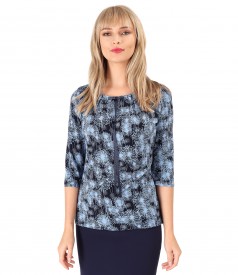 Printed elastic jersey blouse with rips bow on the decolletage