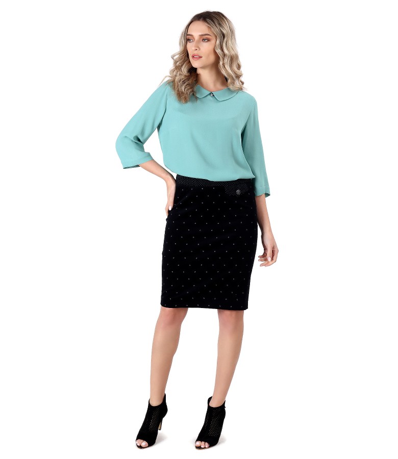 Elegant outfit with viscose blouse and velvet skirt with flowers