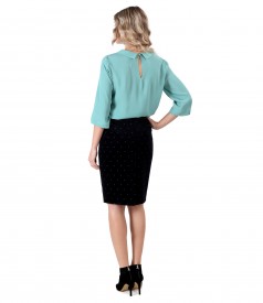 Elegant outfit with viscose blouse and velvet skirt with flowers