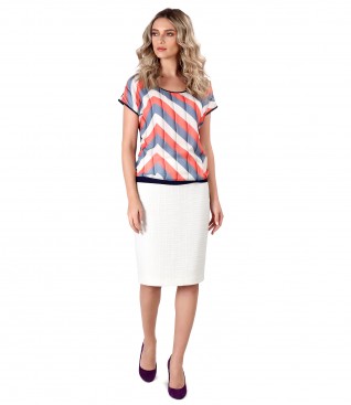 Office outfit with blouse with stripes and skirt made of loops