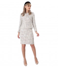 Office woman suit with skirt and loops jacket with sequins and thread effect