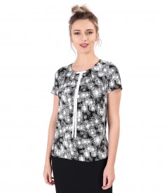 Printed elastic jersey blouse with rips bow on the decolletage