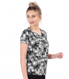 Printed elastic jersey blouse with rips bow on the decolletage