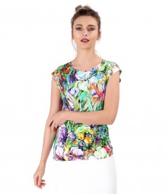 Printed jersey blouse with dropped shoulders