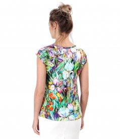 Printed jersey blouse with dropped shoulders