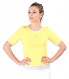 Elastic jersey blouse with ornament on the face