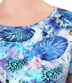 Elastic jersey blouse printed with floral motifs