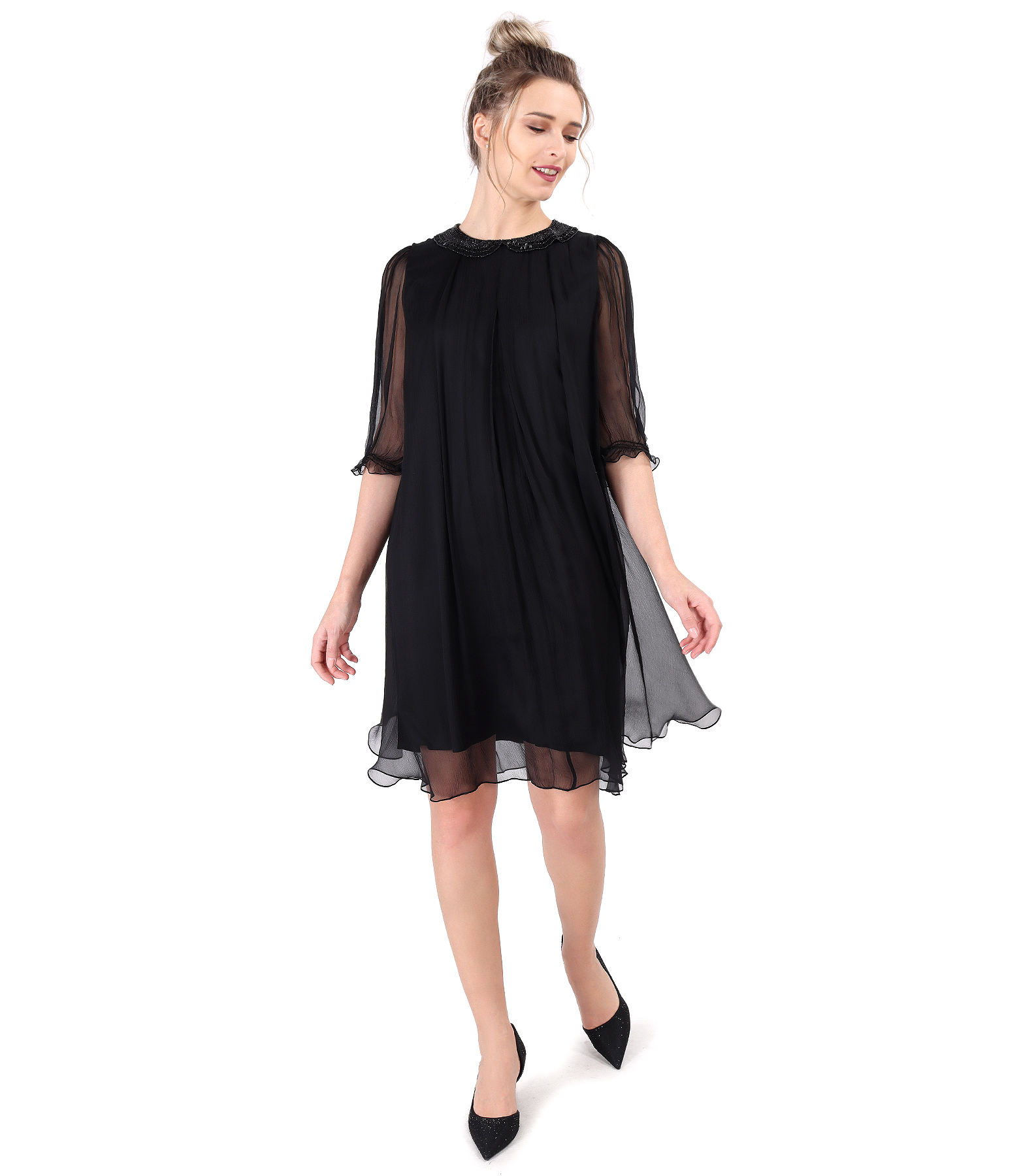 Silk voile dress with round collar with beads