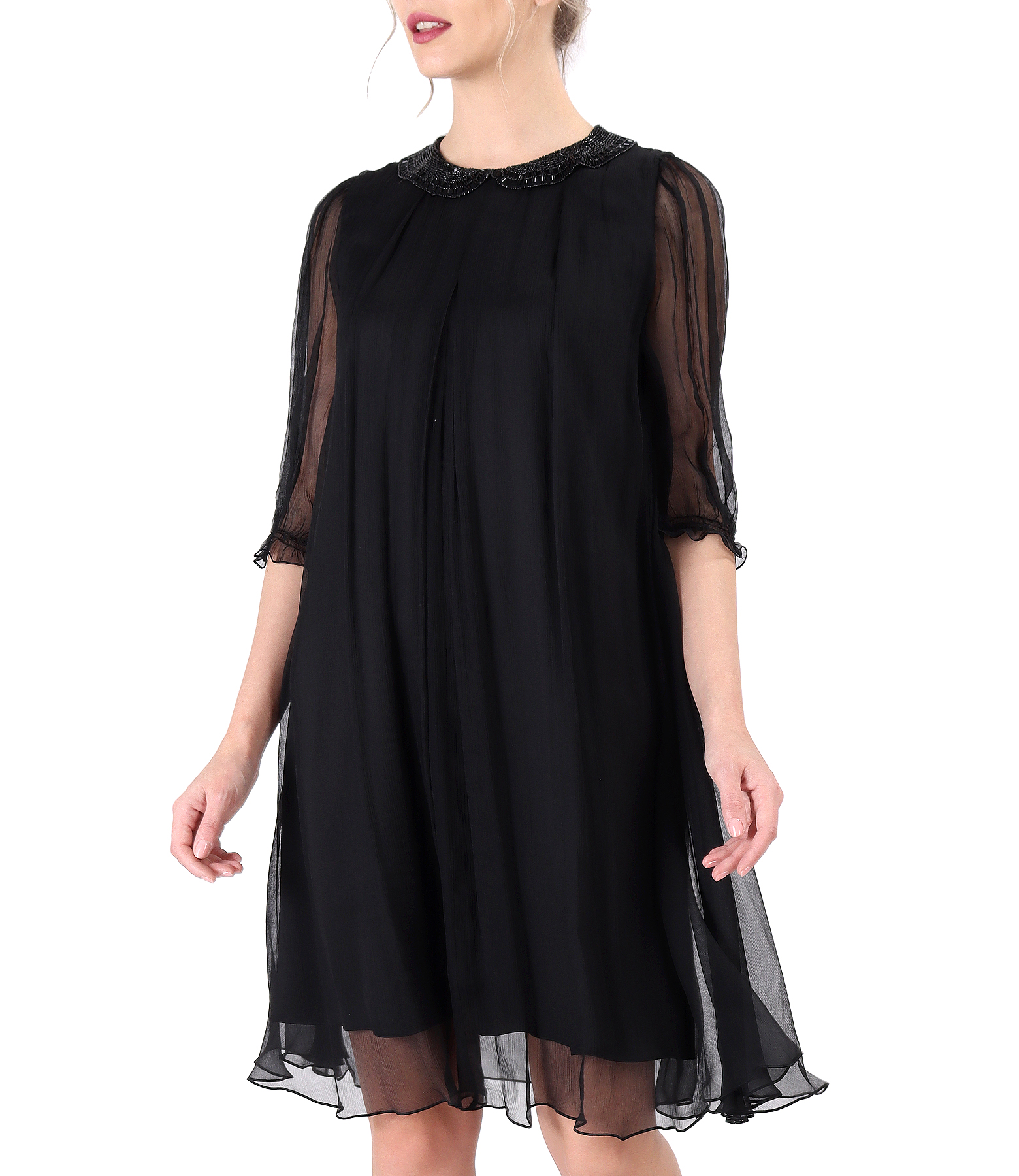 Silk voile dress with round collar with beads