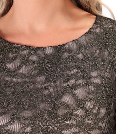 Evening lace dress with floral motifs and pearls