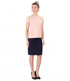 Office outfit with blouse with brocade trim and loops skirt