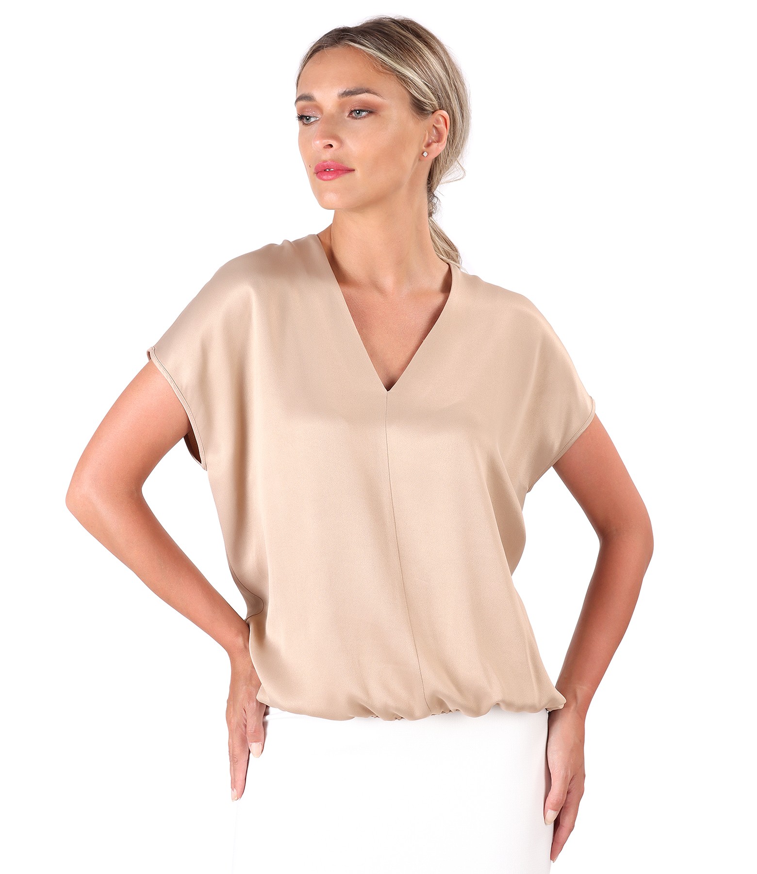 Casual blouse made of satin viscose beige - YOKKO