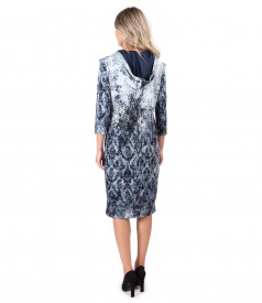 Hooded dress in printed elastic velvet