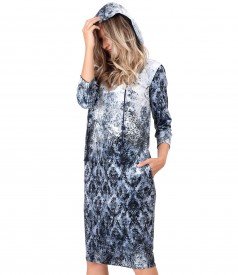 Hooded dress in printed elastic velvet