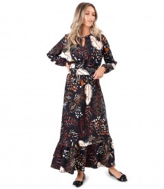 Long viscose dress printed with floral motifs