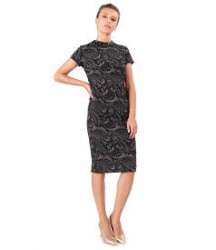 Midi dress made of elastic brocade with tunic collar