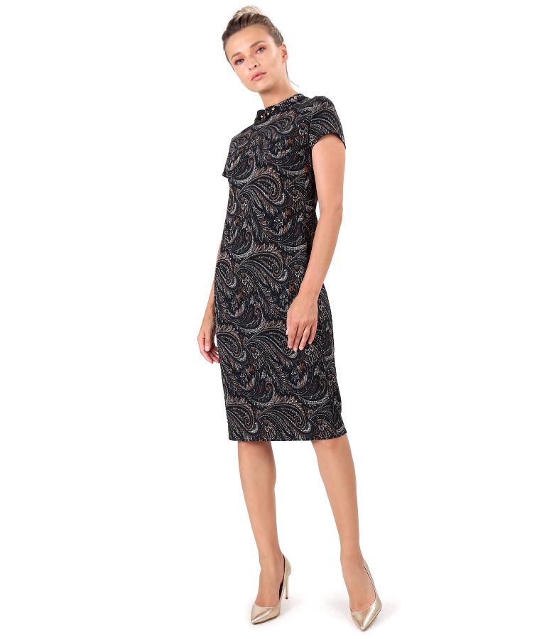 Midi dress made of elastic brocade with tunic collar