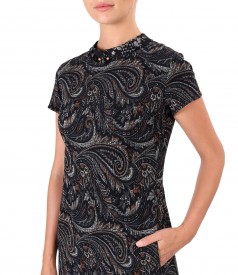 Midi dress made of elastic brocade with tunic collar