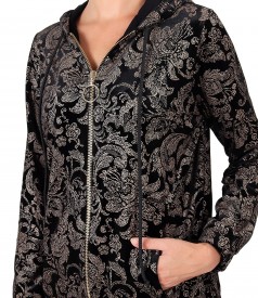 Elastic velvet hoodie printed with gold motifs