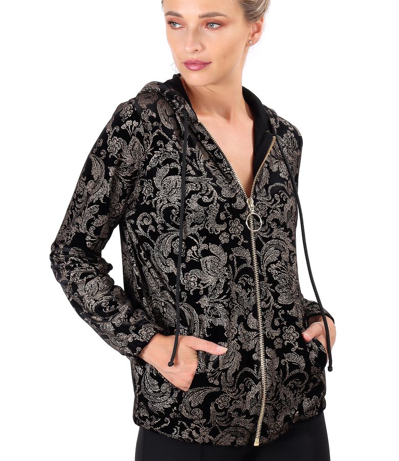 Elastic velvet hoodie printed with gold motifs