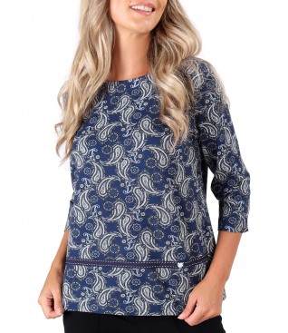 Elastic jersey blouse printed with paisley motifs