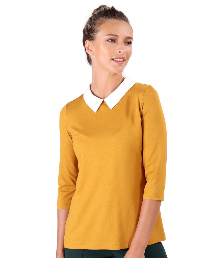 Elastic jersey blouse with pointed collar