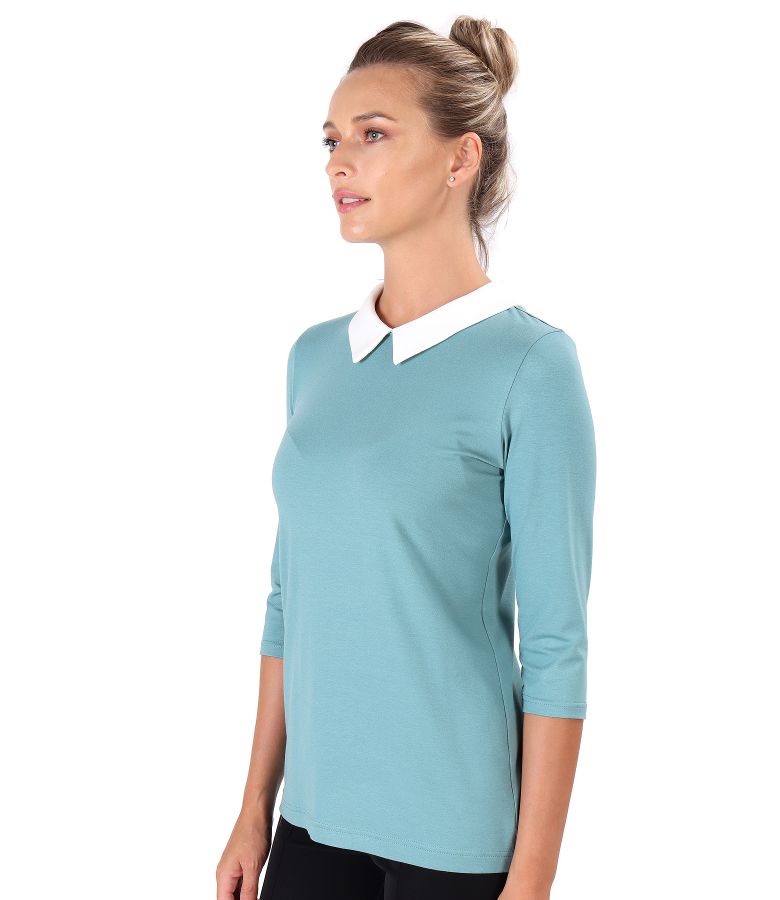 Elastic jersey blouse with pointed collar