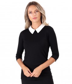 Elastic jersey blouse with pointed collar