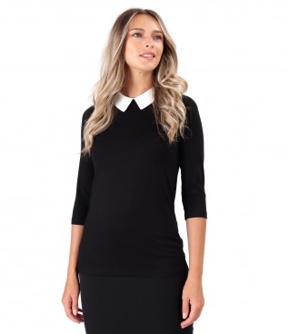 Elastic jersey blouse with pointed collar