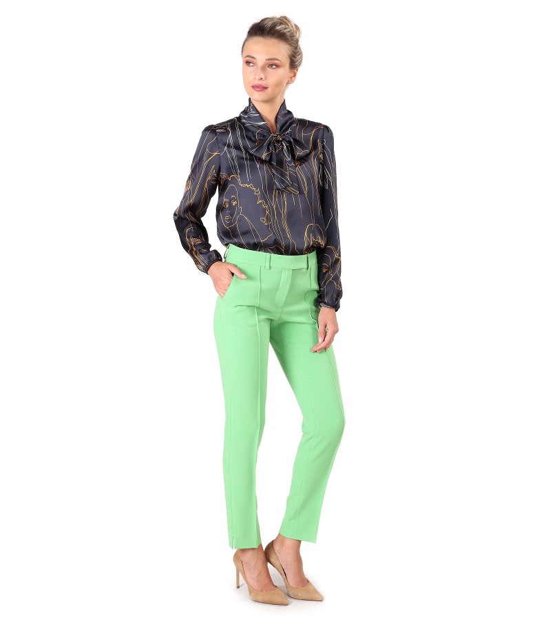 Elegant outfit with printed satin blouse and ankle pants