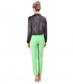 Elegant outfit with printed satin blouse and ankle pants