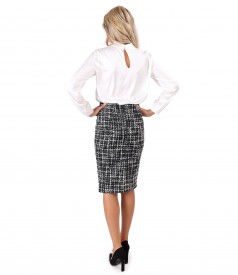 Viscose satin blouse with wool loop skirt