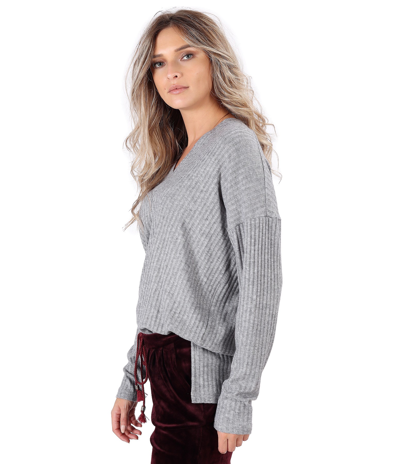 Elastic jersey casual blouse with side slits grey - YOKKO