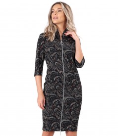 Elastic brocade midi dress with double opening zipper