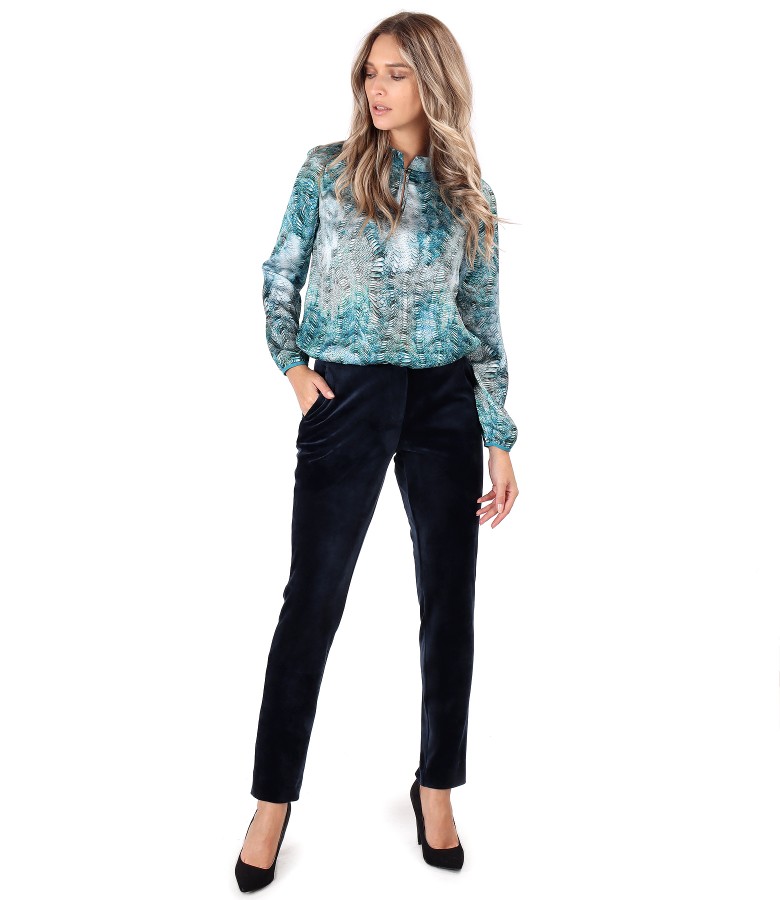 Satin blouse with elastic velvet pants