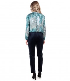 Satin blouse with elastic velvet pants