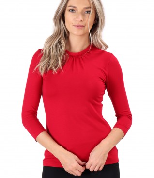 Elastic jersey blouse with round collar
