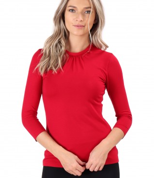 Elastic jersey blouse with round collar